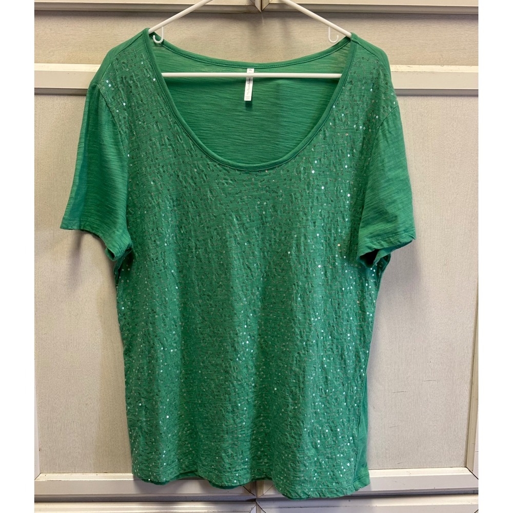Passports Green Sequin Embellished Short Sleeve Scoop Neck T-Shirt XL